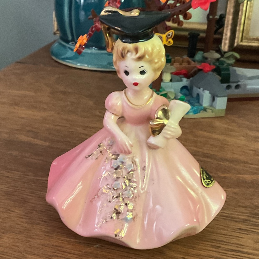 Vintage Josef Pink Ceramic Figurine with Graduation Cap 1950s